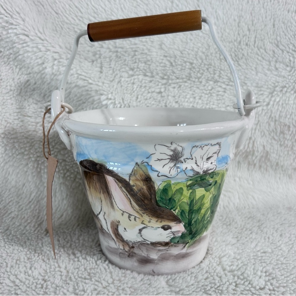 NWT Cabbage Bunny Maxcera Ceramic Bucket Wood & Metal Handle